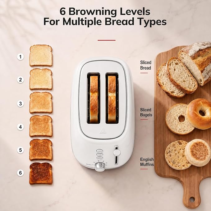 Keenstone 2 Slice Toaster, Retro Stainless Steel Kitchen Essentials, White | Retro Kitchen Decor, 18/8 Food-Grade Steel, 1.5” Slots & 6 Browning Levels, Bagel/ Defrost/ Reheat, Removable Crumb Tray