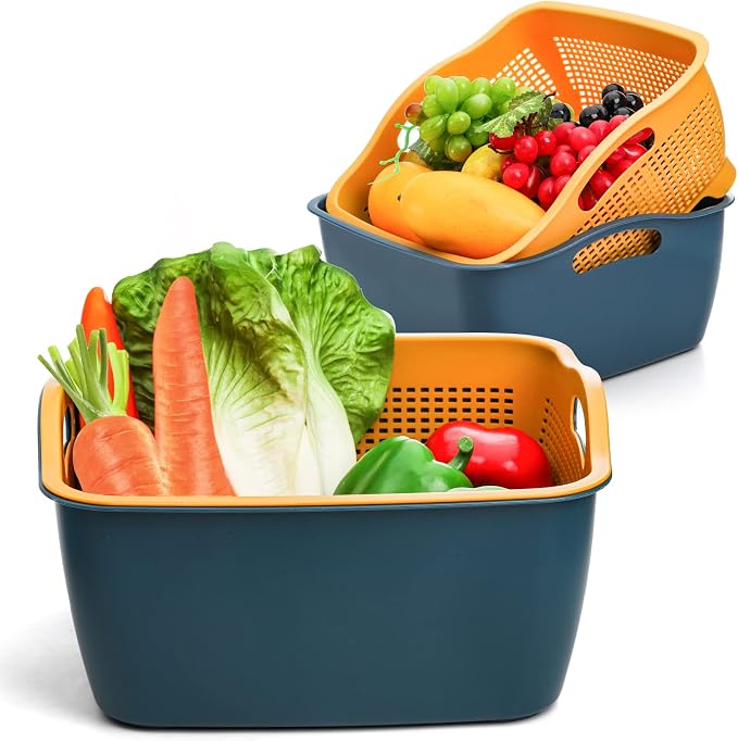 2 Pack 9 & 8 Quart Large Kitchen Strainer Colander Bowl Set, Double-Layer Plastic Fruits Vegetable Washing Basket, Drain Bowls for Cleaning Washing Mixing, Detachable (Blue, Orange)