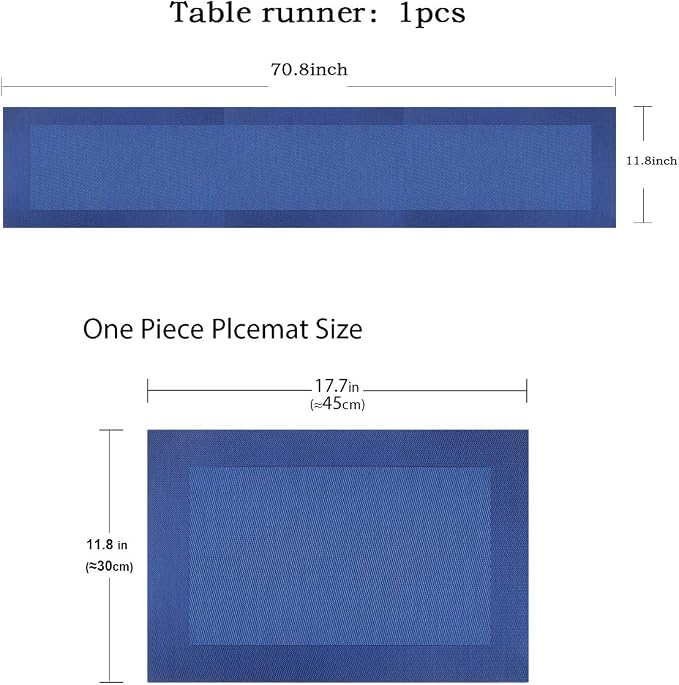 Vinyl Placemats Set of 6 Vinyl Heat-Resistant Table Mats with Matching a Same-Style 72 inches Table Runner (7pcs,Blue)