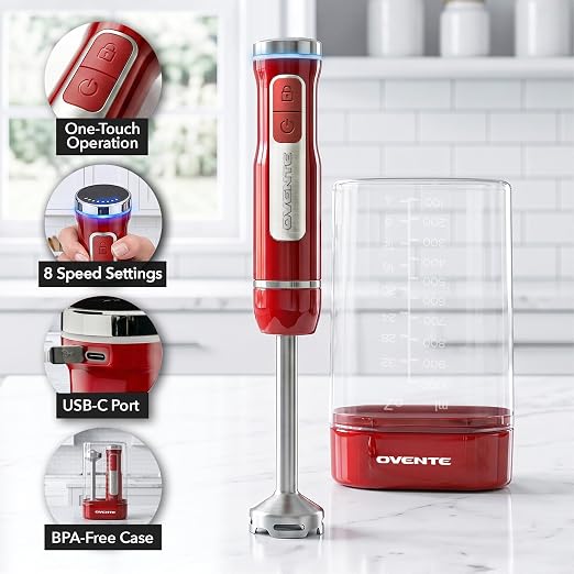OVENTE Cordless Hand Blender, Rechargeable with 8 Mixing Speed Red HR781R | 200 Watts Handheld Portable Stick Mixer, One-Touch Control and Stainless Steel Blades for Smoothies, Shakes or Soups