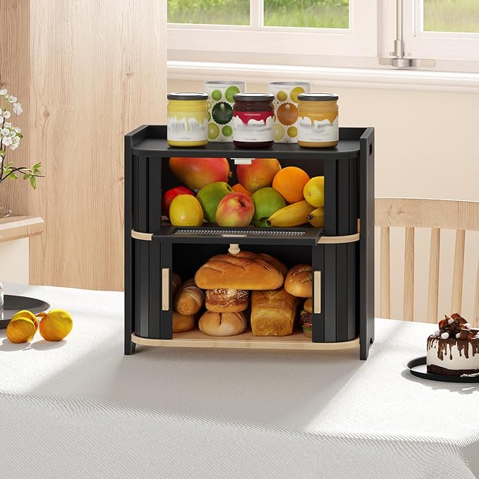 HOOBRO Bread Box, Bamboo Bread Box for Kitchen Countertop, 2 Tier Roll-Top Bread Bin, Food Storage Box, Bread Storage Container, for Kitchen, Dining Room, Black and Natural BK16MB01