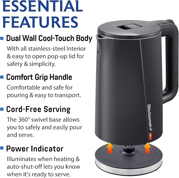 Elite Gourmet 1.7L Cool-Touch 1500W Fast Boil Kettle, Double Wall, Black | Fully Stainless Steel Lid & Interior, BPA-Free, Auto Shut-Off