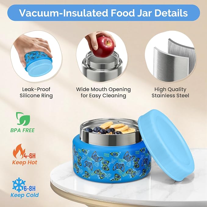 Kids Lunch Box Set with Bento Box, 9oz Stainless Steel Thermo & Insulated Lunch Bag – Hot & Cold Leakproof Lunch Container with Utensils for School & Travel, Blue Set