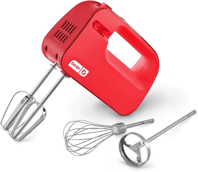 Dash SmartStore Hand Mixer - Electric Handheld Mixer For Everyday Baking - 3-Speed Power and One-Touch Beater Ejector Button - Red, Includes Whisk and Milkshake Attachments