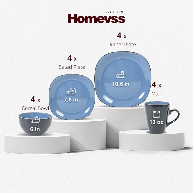 HomeVss, Stoneware Square 16pc Dinnerware Set, Inside Shiny Blue + Outside Matte Black