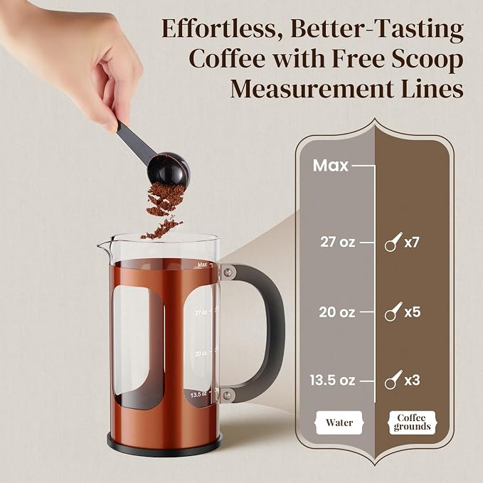 Veken French Press Coffee Maker,No Plastic Touching Cafe,34oz 1L Cafetera | Heat Resistant Thickened Borosilicate Glass Stainless Steel Brewer,Pot for Kitchen,Travel,Camping,Tea,Gifts,Copper