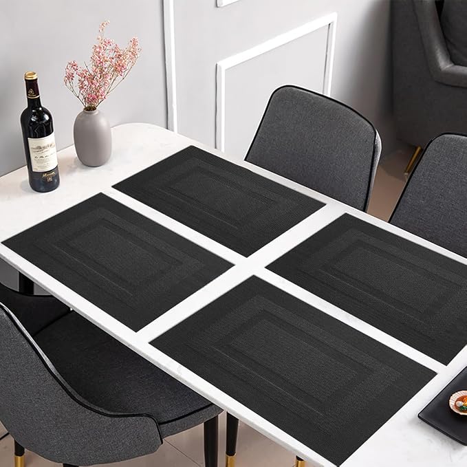 PIGCHCY Placemats Set of 8 Washable Durable Place Mats Vinyl Heat Resistant Non-Slip Table Mats Indoor Outdoor (Pure Black)