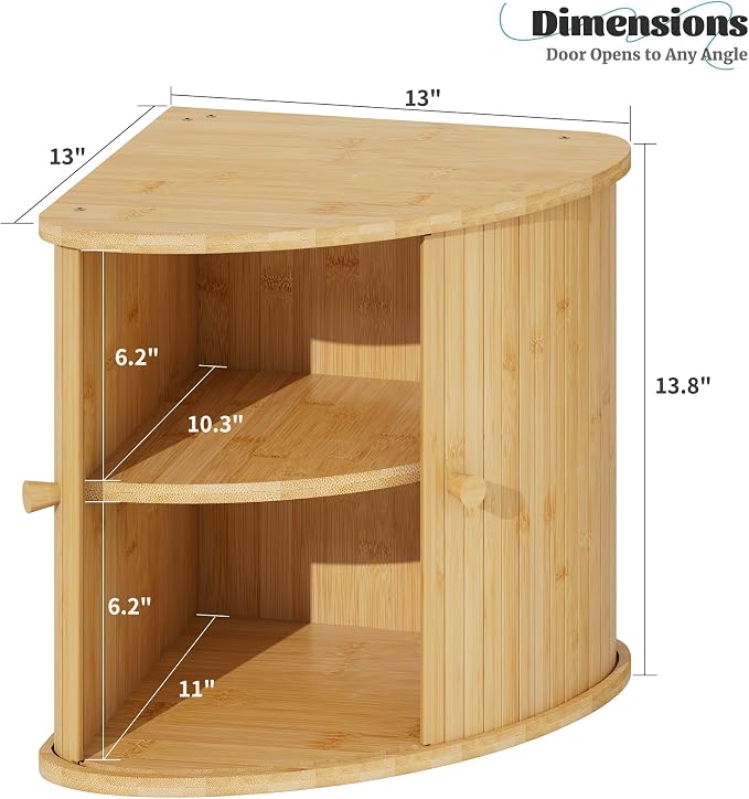 Corner Bread Box for Kitchen Countertop, Solid Bamboo Wood Bread Box, Two Layer Wooden Bread Storage Capacity