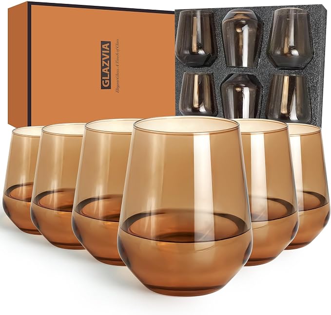 Brown Stemless Wine Glasses Set of 6, 15oz Drinking Glassware Dishwasher Safe, Wine Glass Tumblers for Red or White, Gift for Party, Holiday, Anniversary, Restaurant, Home Bar, Daily Use