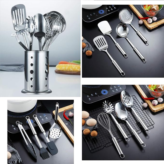 Berglander Cooking Utensil Set 13 Piece Stainless Steel Kitchen Tool Set with Holder, Include Cooking Spoon, Spatula, Whisk, Cooking Tong and etc. (13 Pieces)