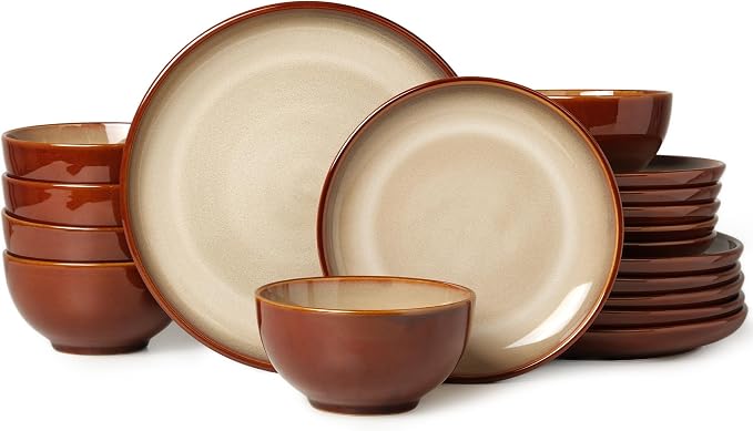 Ceramic Dinnerware Sets for 6, 18 Pieces Stoneware Plates and Bowls Sets, Chip and Crack Resistant Dishes, Dishwasher & Microwave Safe Dishware Sets, Brown Yellow