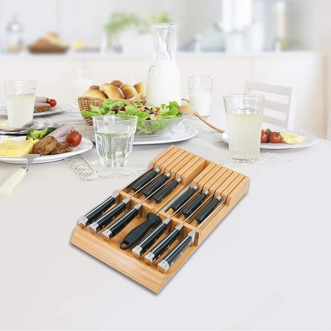 Utoplike In-Drawer Knife Block Bamboo Drawer Organizer, 12 Knives Holder | Steak Knife Holder, Fit 12 Knives, 1 Sharpening Steel (Knives & Sharpening Steel Not Included), Kitchen Drawer Organization