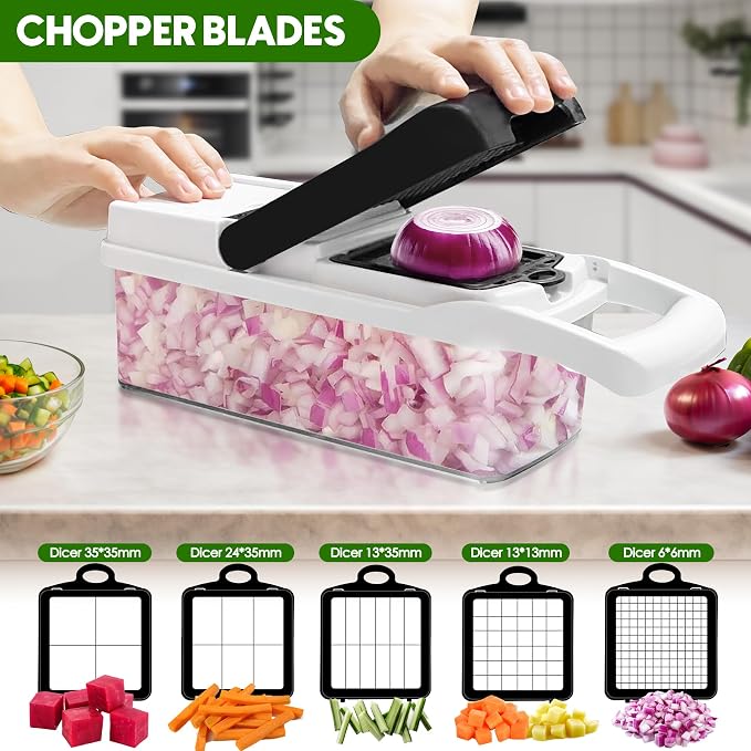 Vegetable Chopper, 10 Blades Slicer Onion Dicer, Multi 23-in-1 Veggie Mandoline Food Cutter for Tomato Fruit, Vegetable cutter with Hand Protector, Egg Separator & Slicer, Container（Black）