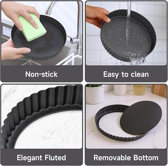 9.5" Fluted Non-Stick Carbon Steel Tart Pan with Removable Bottom | Easy Release Removable Bottom, For Tarts Pies Quiches Fruit & Brownies, Easy to Clean, Multipurpose Bakeware
