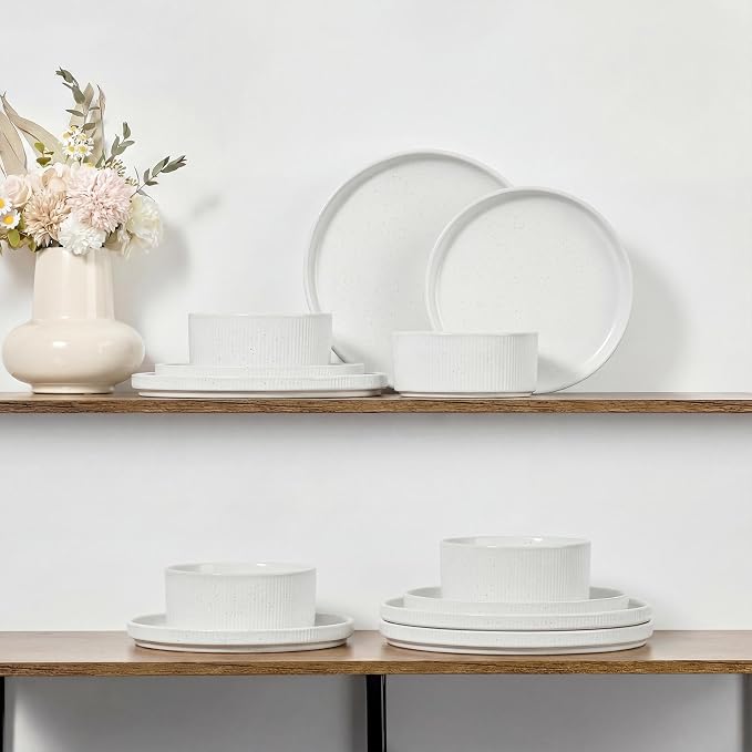 E-far Stoneware Dinnerware Sets for 2, 6-Piece Plates and Bowls Sets, White | Plate Set for 2, Chip & Scratch Resistant Ribbed Dish Set for Home Restaurant, Microwave & Dishwasher Safe, Speckled White