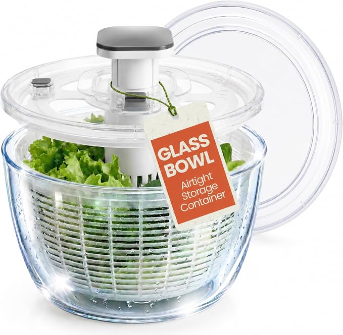 Glass Salad Spinner with Storage Lid, 6 Quart Borosilicate Glass Bowl, Push Button Drying Lid, BPA-Free Draining Basket Doubles as Serving Bowl & Colander, Lettuce, Vegetable, & Fruit Washer