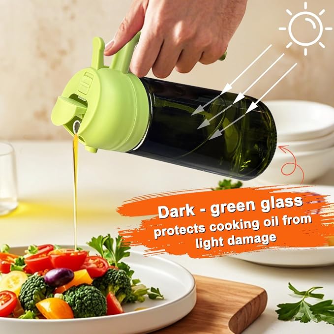 Olive Oil Sprayer for Cooking, 16oz Glass 2 in 1 Oil Dispenser Bottle | Light Blocking, BPA-Free Food Grade, Fine Mist Precise Control, Air Fryer BBQ Salad, Leakproof Anti-Clog, Pre-Printed Labels