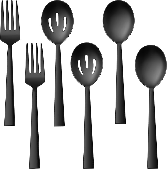 E-far Matte Black Serving Utensils Set of 6, Stainless Steel Serveware Set | 8.7 Inch, Hostess Serving Set Including Metal Slotted Spoons Forks for Party Buffet Catering, Square Edge & Rust Free