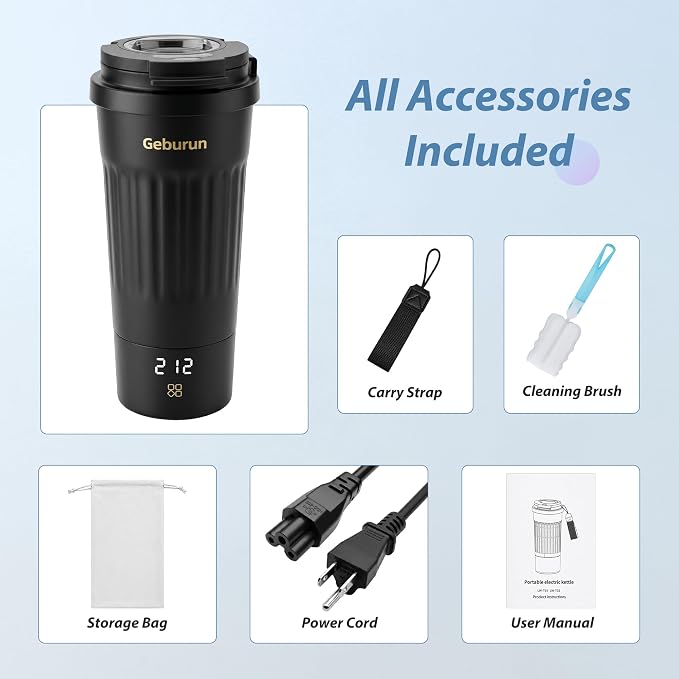 Travel Electric Kettle Portable Water Boiler, 400ml Small Tea Maker with 6 Temp Settings LCD Display, 316 Stainless Steel Vacuum Insulated Tumbler, 100V-240V, Travel Gifts for Men Women(Black)