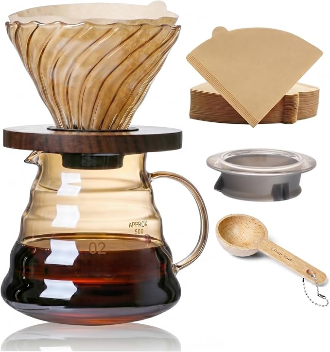 Pour Over Coffee Maker Set 20 oz, 600 ml Borosilicate Glass Coffee Server with Glass Lid, 50 pcs Paper Filter, Walnut Handle Pour Over Coffee Dripper for Home Café Restaurant, Gold