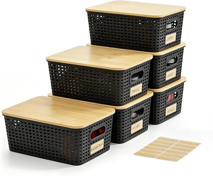 Small Plastic Storage Bins with Bamboo Lids 5.2qt Stackable Box Basket Pantry Decorative Containers Cute with Lable for Organizing Desktop Closet Office Black of 6 packs 10 * 7.2 * 4.1"
