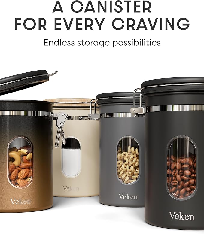 Veken Coffee Canister with Window, Airtight Stainless Steel Container, 22OZ | Date Tracker,Kitchen Food Storage Organizers for Beans, Ground, Espresso, Rice,Tea, Sugar,Cereal, Gifts,Lids,Jars, Scoop,Grey