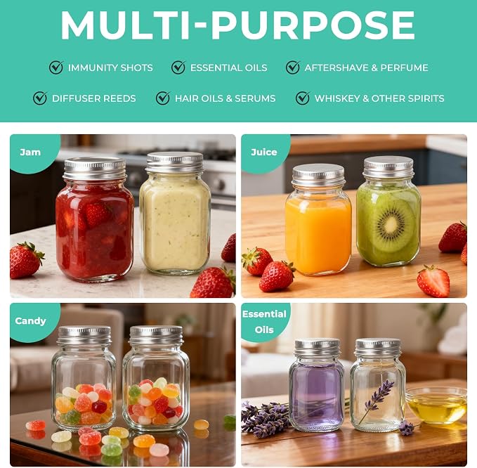 Betrome 30 Pack 2 oz Glass Mason Jars with Silver Lids, Mini Spice Jars | Small Glass Jars for Honey,Sauce, Juice, Jam&Jelly, Wedding Decor, DIY Craft