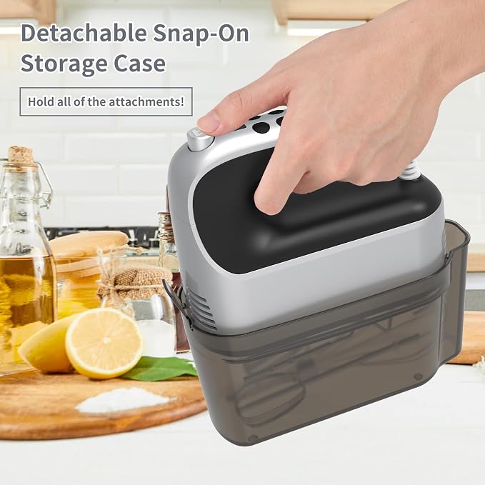 Yomelo 9-Speed Digital Hand Mixer Electric, 400W Powerful DC Motor, Hand Mixer Electric Handheld with Snap-On Storage Case, 5 Stainless Steel Accessories, Beaters, Dough Hooks, Whisk(Silvery Black)