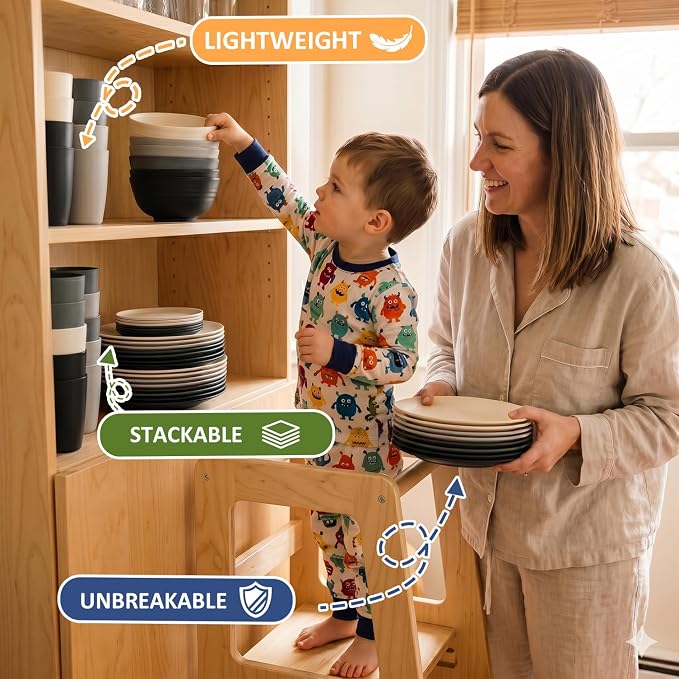 PYRMONT 40-Piece Premium Wheat Straw Dinnerware Sets Unbreakable Plates and Bowls Sets for 8-Cereal Bowls,Kitchen Cups,Dining Plate Set for Patio,Outdoors,Beach-Grey Stone