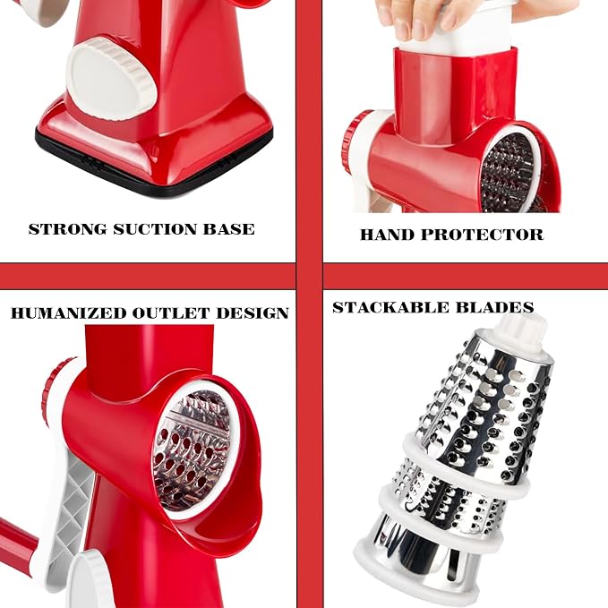 Cheese Grater with Handle,Multifunctional Rotary Cheese Grater | Powerful suction cup base,Effortless and time-saving,Protects your hands,Versatile,Detachable,Easy to clean