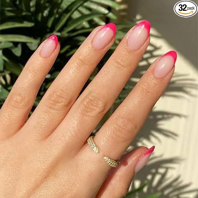 Modelones French Tip Press on Nails Short, Hot Pink Oval Fake Nails | Reusable Nail Kit with Nail Glue Adhesive Tabs Mini Nail File, Nails Press Ons 32Pcs 16Sizes, Women Girl Gift, Summer