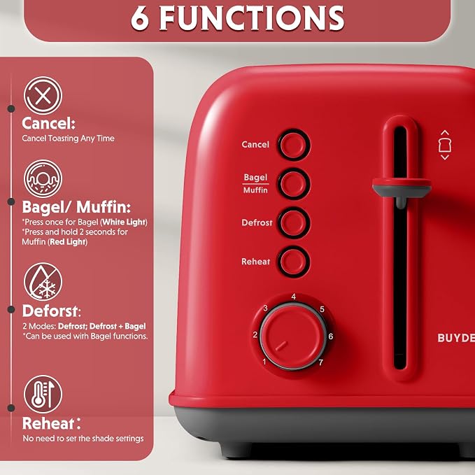 BUYDEEM DT620 2-Slice Toaster, 7 Shade Settings, Extra Wide 1.5'' Slots for Bagel & English Muffin, 6 Toasting Functions, Retro Stainless Steel Toaster with High Lift Lever, Red
