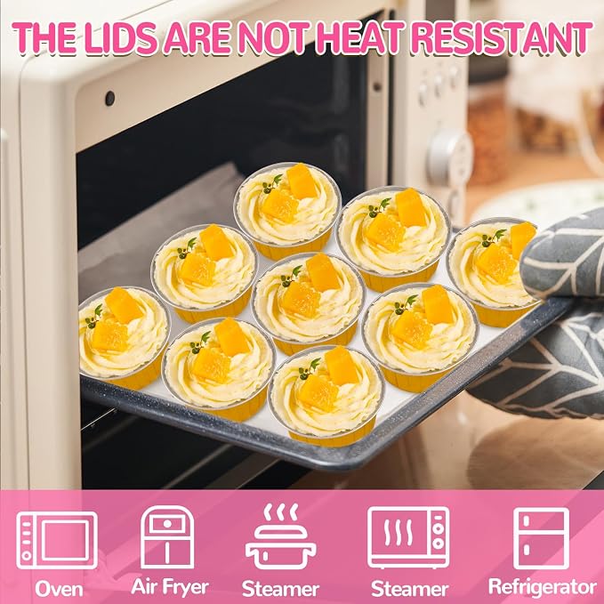 60Pcs Mini Aluminum Foil Baking Loaf Pans with Lids and Spoons | Round Mini Cake Pan, Brownie Baking Cups for Picnics Party (Gold)
