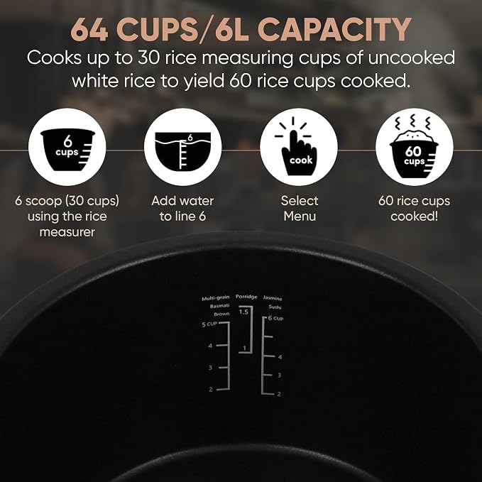 TK Commercial Rice Cooker 64 Cup - Multi-Grain, Brown Rice & More, 7h Warm | For white, brown & mixed-grain rice; 32 cups raw ready in 45min; 8 cooking modes; 3D heating; Swappable TK pot; Cup & scoop