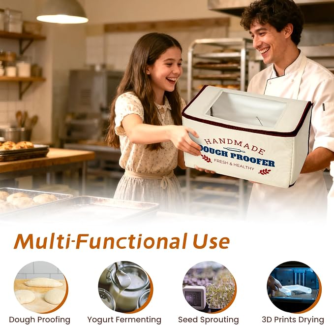 Extra Large Dough Proofing Box50-130°F, 3-Sided Heat 24HTimer | Extra-large foldable proofing box includes 3-sided heat, 50-130°F control, beep alert and storage bag for dough and seedlings