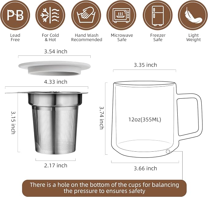 CNGLASS 12oz Double Walled Glass Tea Cup with Stainless Steel Infuser and Lid,Borosilicate Glass Tea Infuser Mug for Loose Tea,Teabag,Set of 1