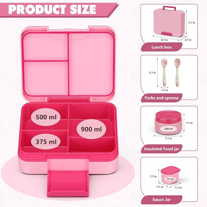 WyfKyd Bento Lunch Box with Soup Thermo Hot Food Container for Kids Adults | Bento Box with 9.5oz Soup Thermo Kids Leak-proof Lunch Container with Stainless Steel Insulated Hot Food Jar for School Pink