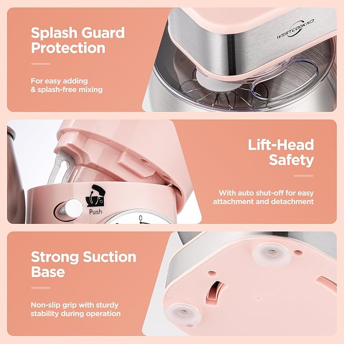 Electric Stand Mixer 5.3QT 6+P Tilt-Head Speed Pink | Standing Food Mixer with Egg Cream Whisk, Dough Hook & Flat Beater, Perfect Bread Dough Mixer for Home Baking and Daily Use