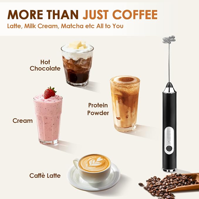 Handheld Milk Frother, Rechargeable Milk Frother, Coffee Mixer Wand, Black | Electric Drink Mixer with 2 Stainless Steel Whisks 3 Speeds, Frother Wand for Latte, Cappuccino, Matcha, Hot Chocolate, Egg