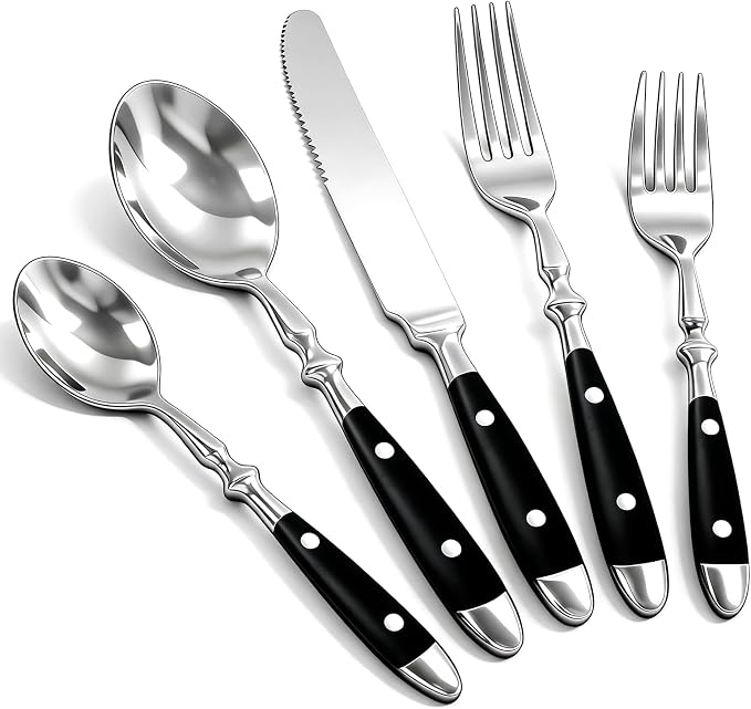 20pcs Black Silverware Set Service for 4,Vintage Flatware Set with Black Bakelite Handle, Stainless Steel Cutlery Set,Dishwasher Safe