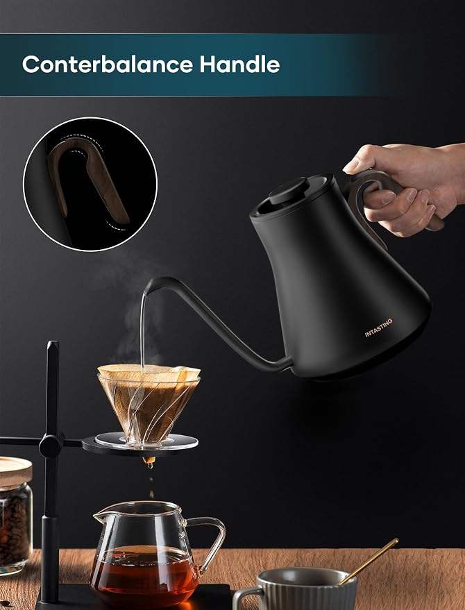 INTASTING Gooseneck Electric Kettle with 1℉ Temperature Control, 0.9 Liter | Fast Heating, Stainless Steel Interior, for Pour Over Coffee, Tea & Boiling Water, Keep Warm, Auto Shut-Off, Onyx Black