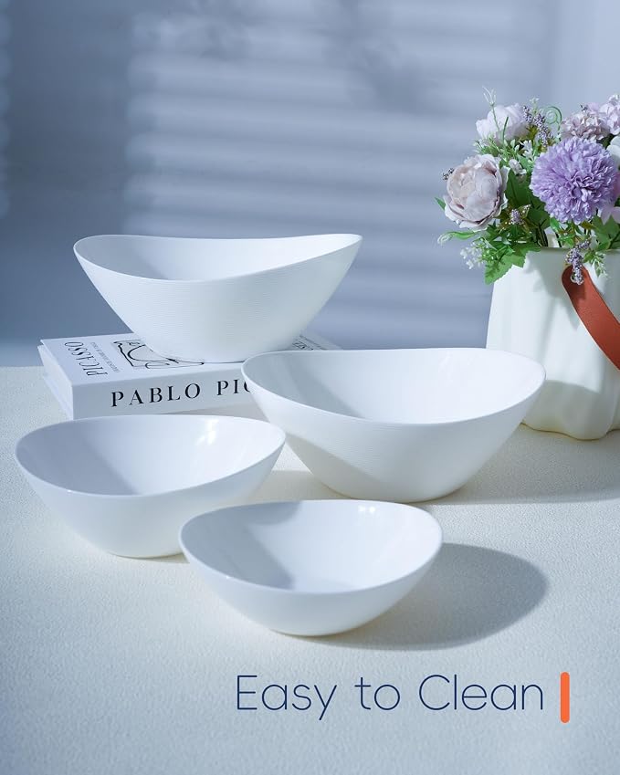 12 OZ Ice Cream Bowl Set of 6, 6 Inch White Opal Glass | Oval dessert bowls with microwave & dishwasher safe design, perfect for breakfast, snacks, fruit and side dishes