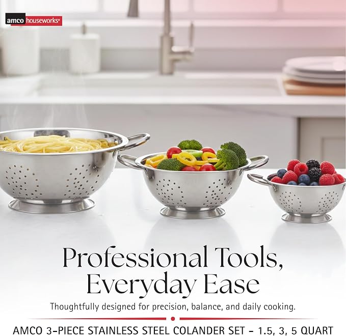Amco 3-Piece Stainless Steel Colander Set, 1.5 Qt, 3 Qt & 5 Qt - Silver | Durable Strainers with Easy-Grip Handles for Pasta, Fruits, Vegetables & Salad, Fast Draining, Stackable, Dishwasher Safe