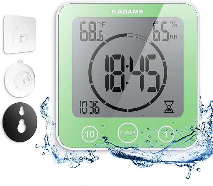 KADAMS Shower Clock Waterproof Bathroom Timer – Digital Wall Clock with Countdown, Magnetic Kitchen Clock with Temperature & Humidity, Suction Cup for Kids Shower Spa Cook Bath (Green)
