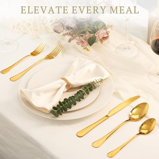 Astercook Silverware Set 48-Piece Gold Flatware Set with Steak Knives Food-Grade Stainless Steel Cutlery Set for 8 Mirror Polished Utensils Set Include Spoons and Forks for Home Kitchen Restaurant