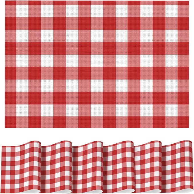 Artoid Mode Buffalo Plaid Vinyl Placemats Set of 6, 12x18 Inch Washable Non-Slip Heat Resistant Plastic Place Mats for Party Dining Table, Red/White