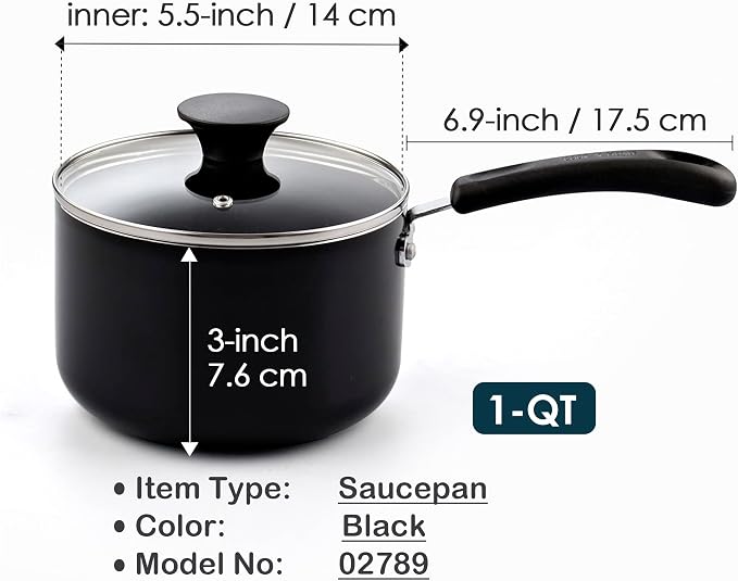 Cook N Home Basic 1 Quart Nonstick Saucepan with Glass Lid, Small Non Stick Aluminum Sauce Pan, Multi-Purpose Milk Chocolate Cooking Pot with Stay-Cool Handle, Black | Nonstick Aluminum Sauce Pan, Multi-Purpose Milk Chocolate Cooking Pot with Stay-Cool...