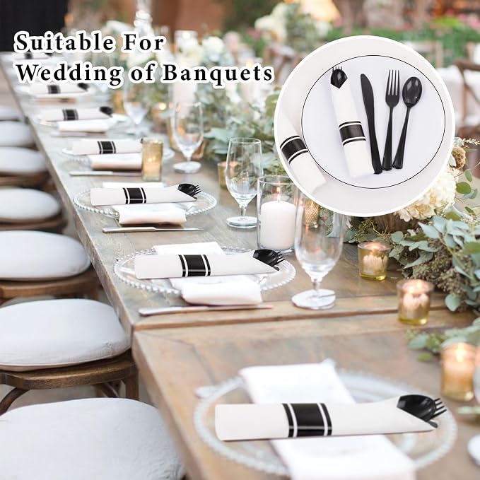 120pack Pre Rolled Black Plastic Silverware Set Disposable | Heavy Duty Disposable Wrapped Black Plastic Cutlery Utensils Set for Catering, Parties, Wedding, Birthday& Special Events