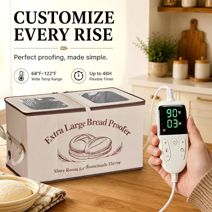 XL Bread Proofing Box Foldable Bread Proofer 23.6" Long Sourdough Warmer | NTC Temp Control 68-122°F, 0-48H Timer, 3-Side Heating, Honeycomb 6-Layer Insulation, Fits Multiple Doughs