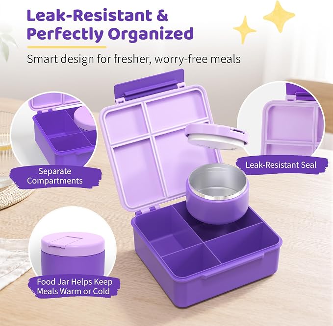 Pawtong Bento Lunch Box with 8oz Soup Thermo, Kids Leakproof Lunch Food Containers with 4 Compartment, Kids Thermo Insulated Hot Food Jar for School, Trvael (Purple)